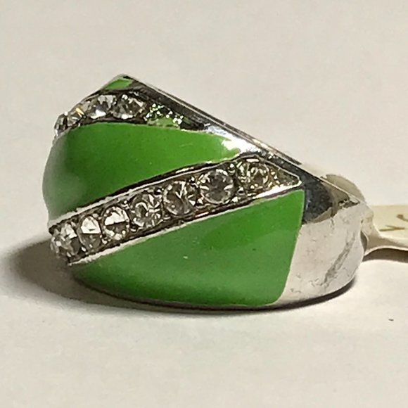 Vintage Green Enamel Cocktail Ring Silver Plated Crystal Rhinestone Size 7 Boho - Picture 9 of 12